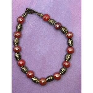 Coral Red and gold tone‎ ornate Beaded Bracelet Lobster clasp 7" Spring Easter